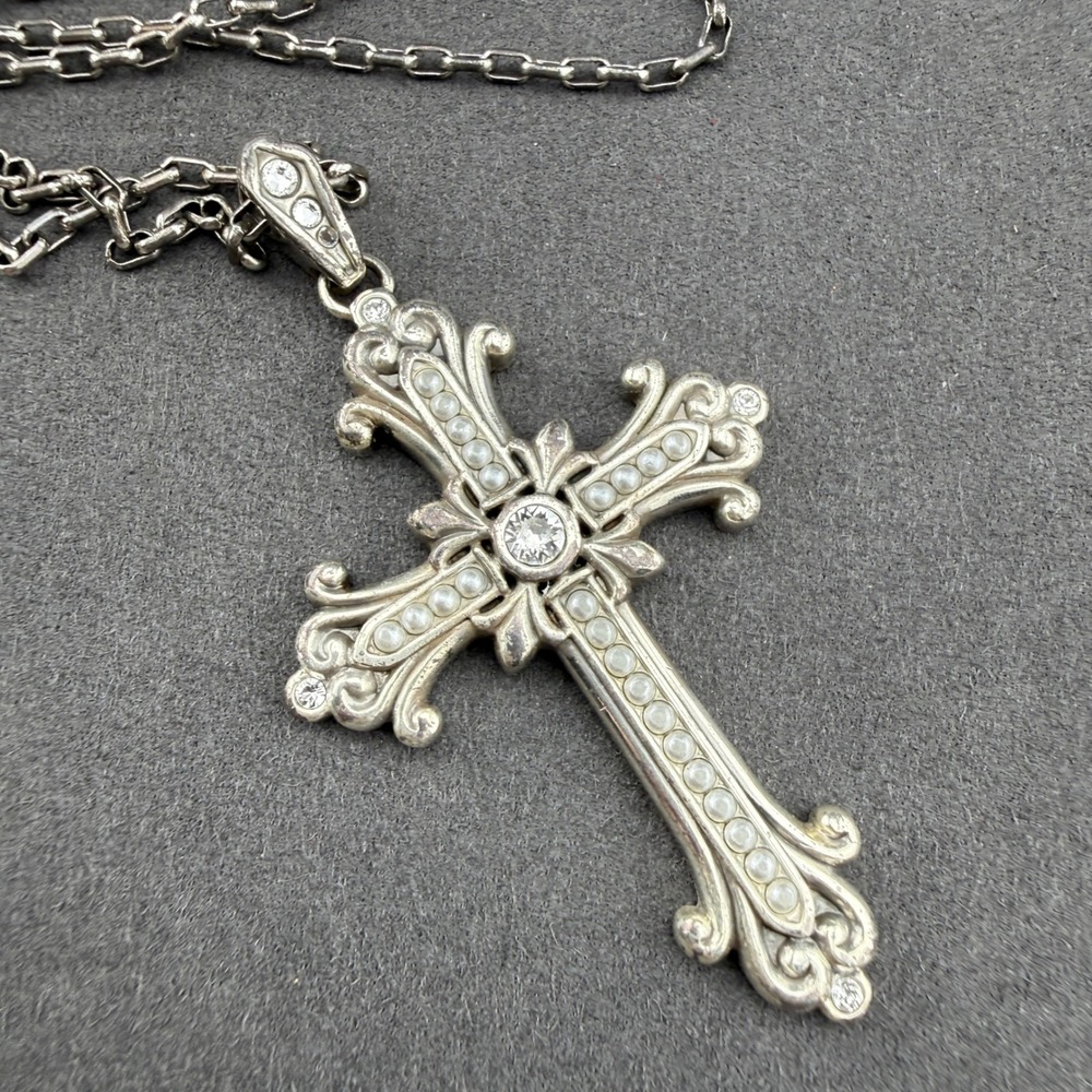 Brighton Necklace Large Filigree Cross Faux Pearl Crystal Silver Tone Y2K